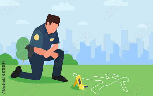 Policeman looks down over evidence and over chalk track of dead man by bullet on grass. Officer investigates crime cityscape. Thinking young modern detective character at crime scene. Copy space.