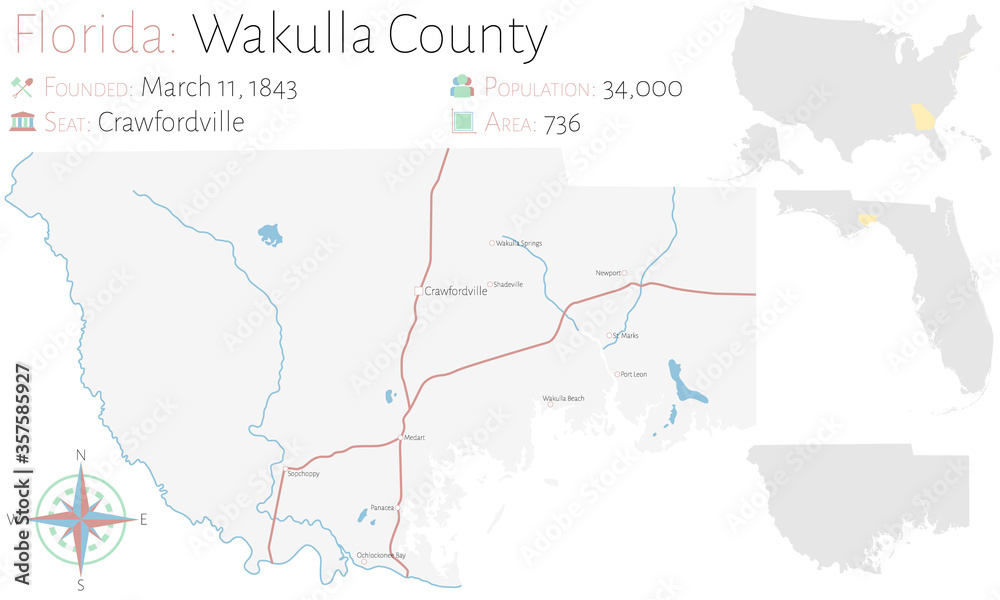 Large and detailed map of Wakulla county in Florida, USA.
