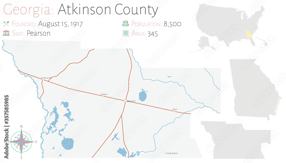 Large and detailed map of Atkinson county in Georgia, USA.