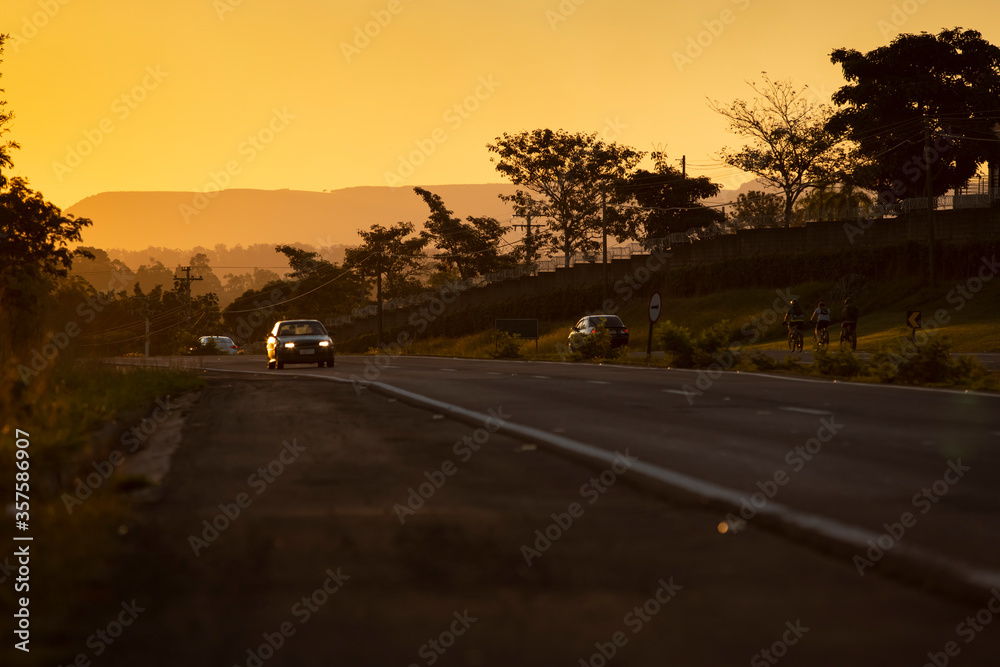 highway traffic at sunset in Sao Pedro, Sao Paulo, Brazil