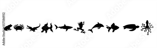 Collection of vector silhouette of water animals on white background. Symbol of nature and ocean creatures.