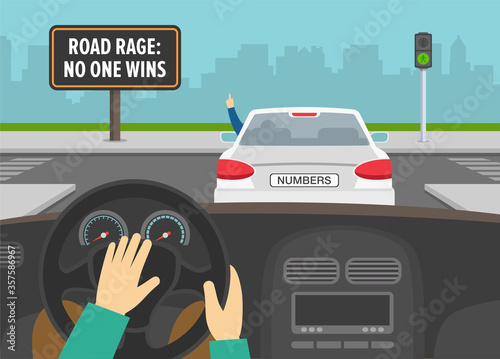 Hands driving a car on a crossroad. Road rage billboard. Man in front car rudely gesturing while driving. Flat vector illustration. photo