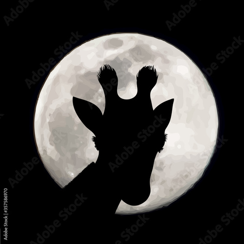 Vector silhouette of giraffe on moon background. Symbol of night.