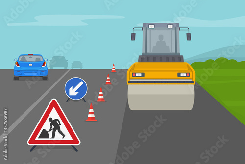 Road roller makes the paving on higway or street. Road under construction. Flat vector illustration.