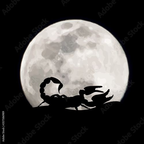 Vector silhouette of scorpion on moon background. Symbol of night.