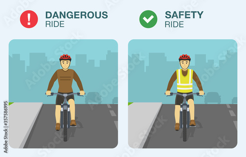Dangerous and safety bicycle ride on road. Cyclist wears safety vest or jacket.  Flat vector illustration.