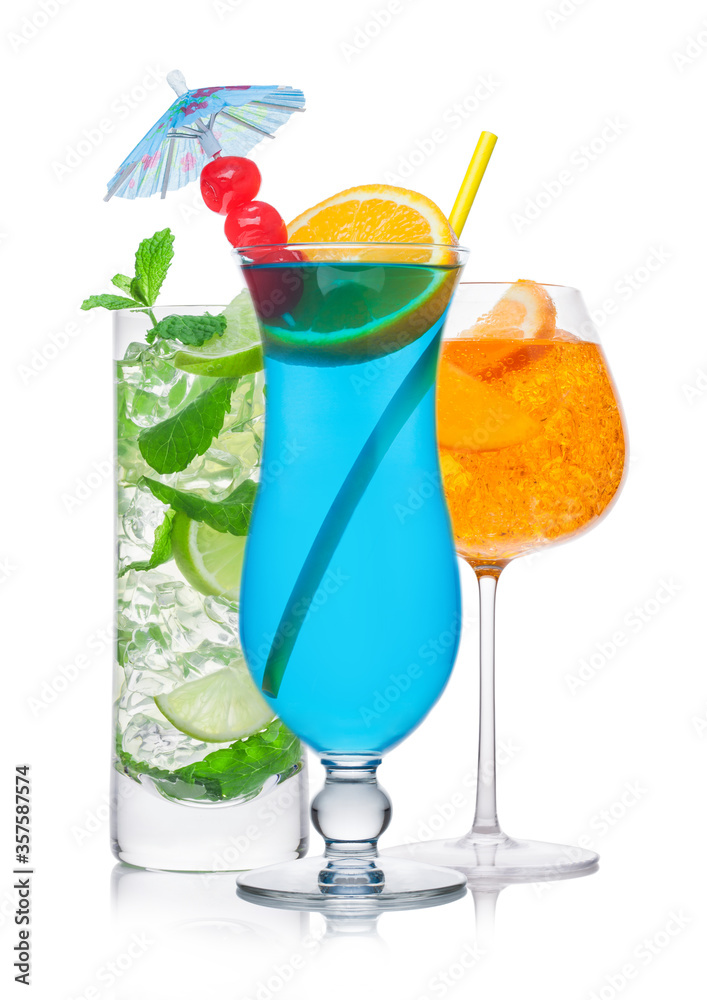 Blue lagoon, spritz and mojito cocktails glasses with straw and orange slice with sweet cherry and umbrella on white. Blue lagoon, spritz and mojito cocktails glasses with straw and orange slice with sweet cherry and umbrella on white.