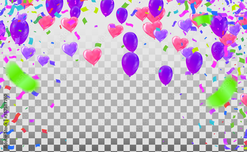 Valentines Background With Many Falling Purple Confetti.And balloon Purple Celebration Decoration. Concept Valentines Background With Many Falling Purple Confetti.And balloon Purple Celebration Decoration. Concept