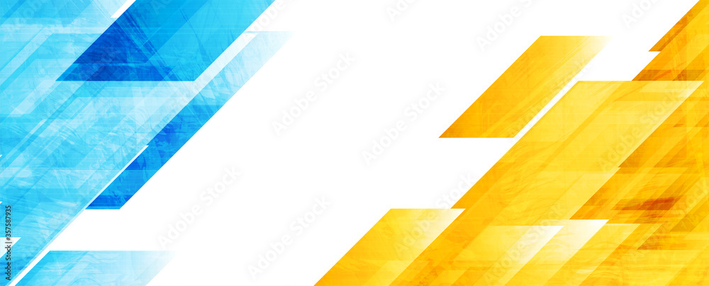 Blue and yellow abstract geometric tech banner with grunge texture. Futuristic vector design