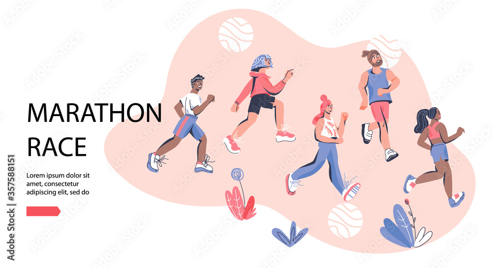 Fototapeta premium Marathon race banner template with group of running men and women wearing sportswear. Marathon race or sprint sport event competition advert, cartoon vector illustration in trendy style. 
