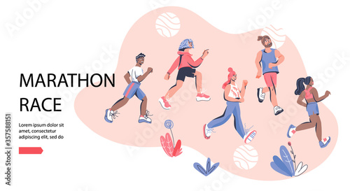 Marathon race banner template with group of running men and women wearing sportswear. Marathon race or sprint sport event competition advert, cartoon vector illustration in trendy style. 