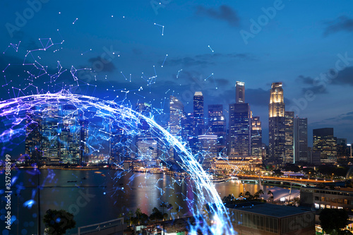 Fototapeta Naklejka Na Ścianę i Meble -  Abstract technology icons, night aerial panoramic cityscape of Singapore, Asia. The concept of innovative approach to optimize international business process. Double exposure.