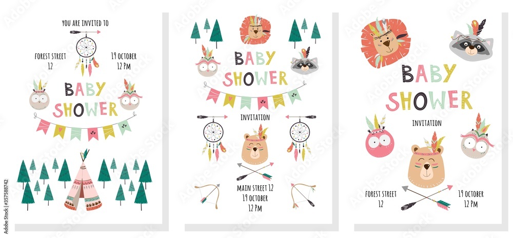 Set with baby shower invitations with cute animals bear, raccoon, owl, lion. Vector illustration for children with hand drawn decorative text Set with baby shower invitations with cute animals bear, raccoon, owl, lion. Vector illustration for children with hand drawn decorative text