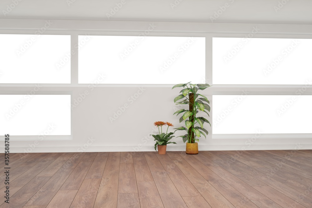 Fototapeta premium modern empty room with plant in pots interior design. 3D illustration