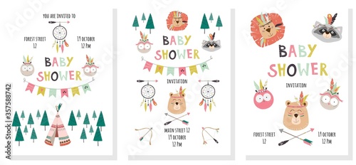 Set with baby shower invitations with cute animals bear, raccoon, owl, lion. Vector illustration for children with hand drawn decorative text