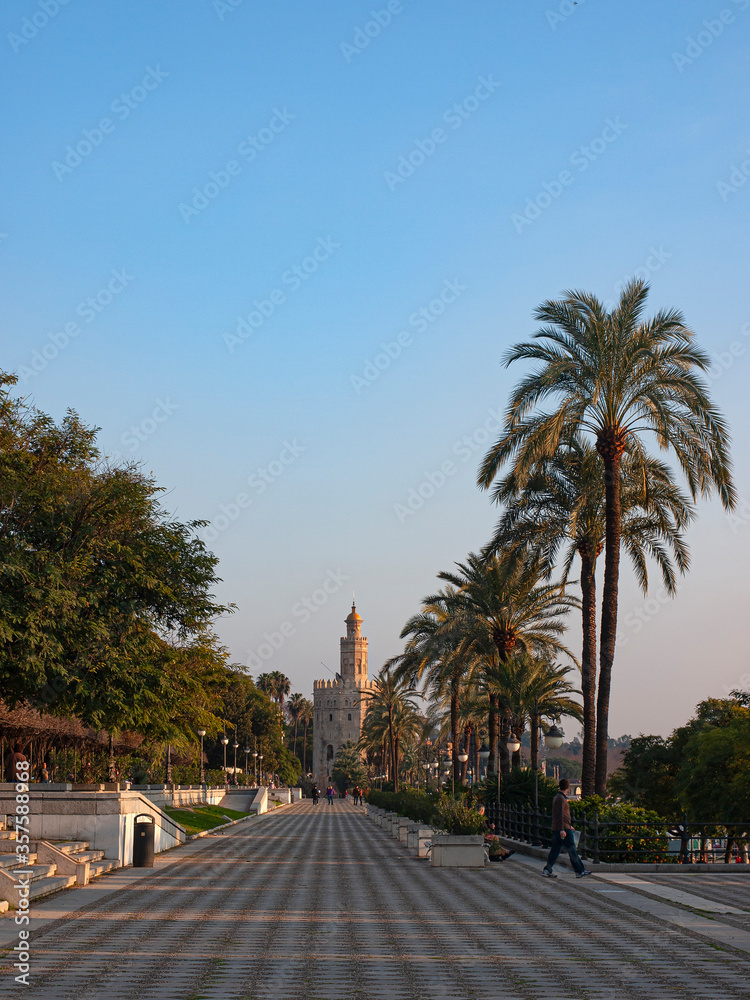 Tower of gold (Torre del Oro) on the Paseo de Colon next to the Guadalquivir river, Seville, Andalusia, Spain