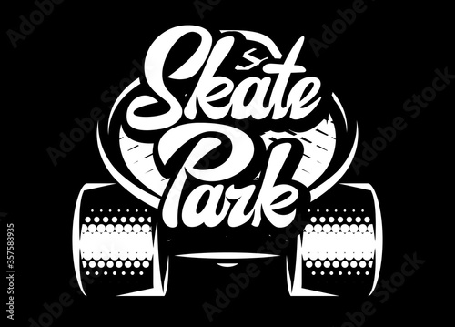 White skateboard on black background and stylish calligraphic inscription - skatepark