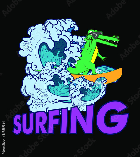 Photography Animal surfing with big waves illustration for kids apparel