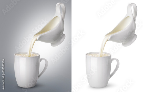 Pouring milk from creamer into ceramic cup with splash