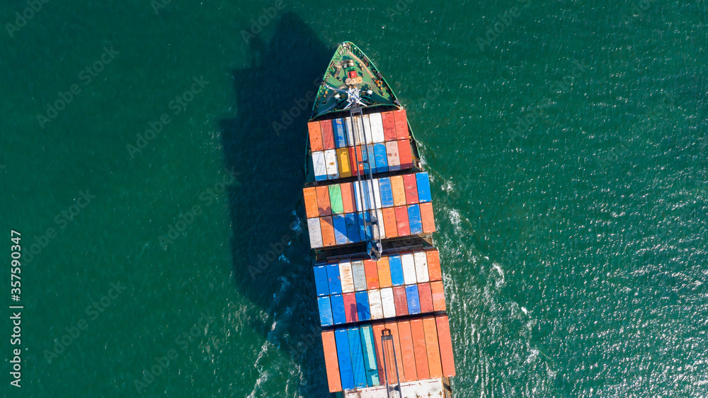 Aerial view container cargo ship in ocean, Business industry commerce global import export logistic transportation oversea worldwide, Sea shipping company vessel. Aerial view container cargo ship in ocean, Business industry commerce global import export logistic transportation oversea worldwide, Sea shipping company vessel.