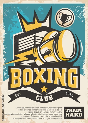 Boxing club emblem and poster design template. Vintage sports vector flyer. Boxing glove and ring in a shield shape. Crown symbol.
