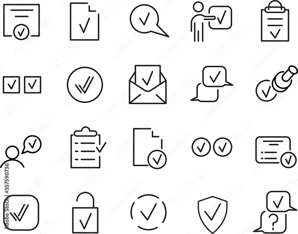 Simple Set of Approve Related Vector Line Icons. Contains such Icons as Inspector, Stamp, Check List, Protection Guarantee, Accepted Document, Quality Check and More Simple Set of Approve Related Vector Line Icons. Contains such Icons as Inspector, Stamp, Check List, Protection Guarantee, Accepted Document, Quality Check and More