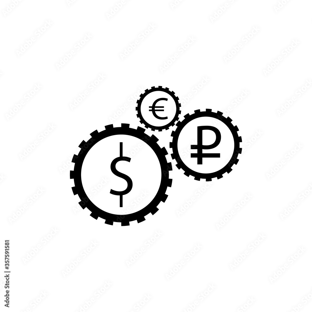Money mechanism sign. Dollar, ruble and euro sign in gear. eps ten