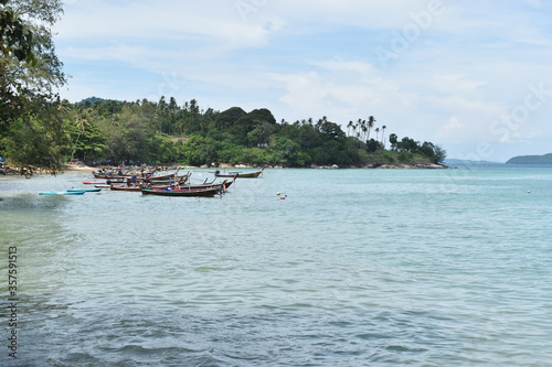 Phuket, Thailand. June 14, 2020:Seaside atmosphere Phuket local fishing boat park, Rawai beach © nawin