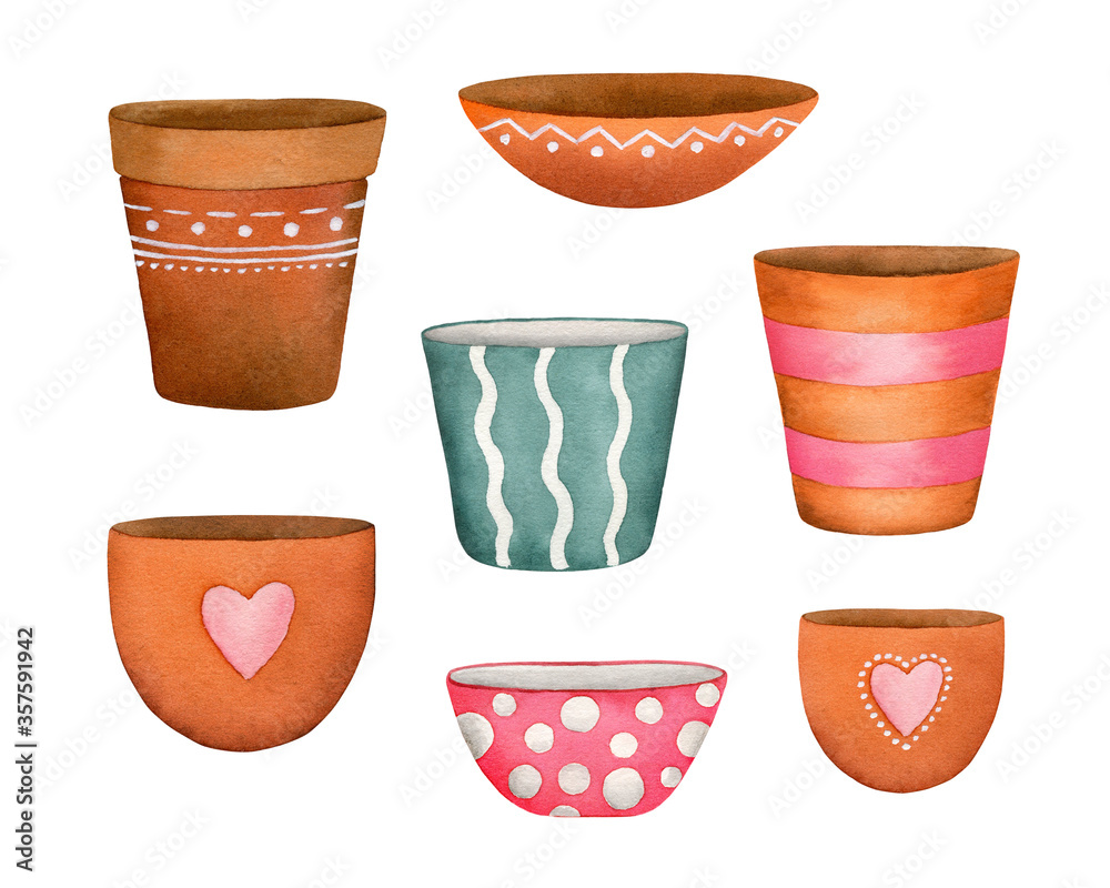 Watercolor hand painted set of clay pots with decor. Clipart illustration  of ceramic flowerpot for houseplant, isolated on white background. Use it  for sticker, digital paper, home decor. Illustration Stock | Adobe