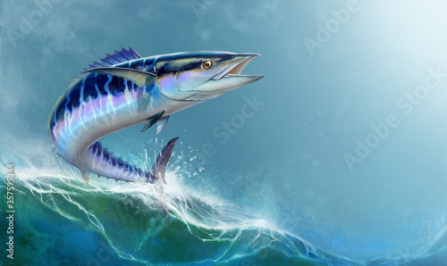 Spanish Mackerel wahoo dark blue fish big fish on background realistic illustration.