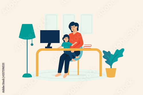 Cute happy mother holding her infant baby, sitting at desk and working on computer at home Vector Illustration Concept.