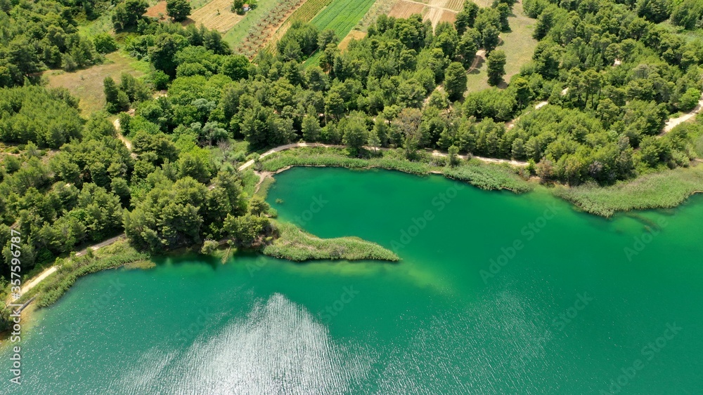 Aerial drone panoramic photo of beautiful nature in artificial lake and dam of Marathonas or Marathon that feeds drinking water supply to Athens, Attica, Greece