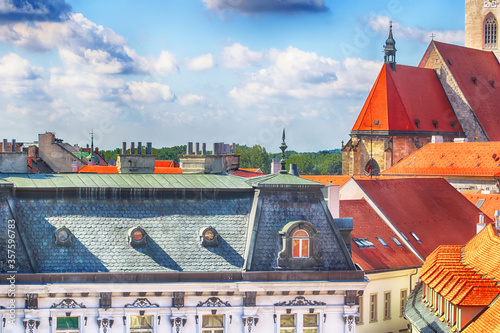 Palugyayov palace (centre), St. Martin church (right), beautiful sky with clouds, Bratislava, Slovakia