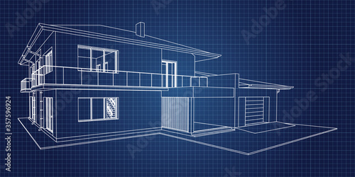 Stylish architectural blueprint.Vector wireframe perspective of luxury modern house exterior. 3D vector model of cottage. 