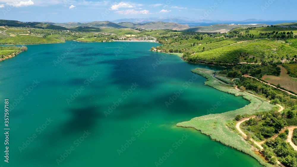 Aerial drone panoramic photo of beautiful nature in artificial lake and dam of Marathonas or Marathon that feeds drinking water supply to Athens, Attica, Greece