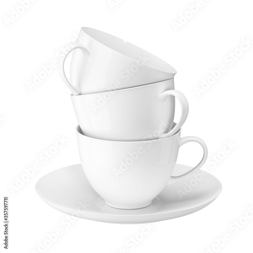 A tower of white coffee cups. Isolated over white background. 3D illustration.