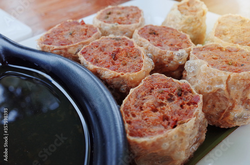 Famous thai food concept, thai Deep-fried spring rolls, goodie crab roll and sause in dish