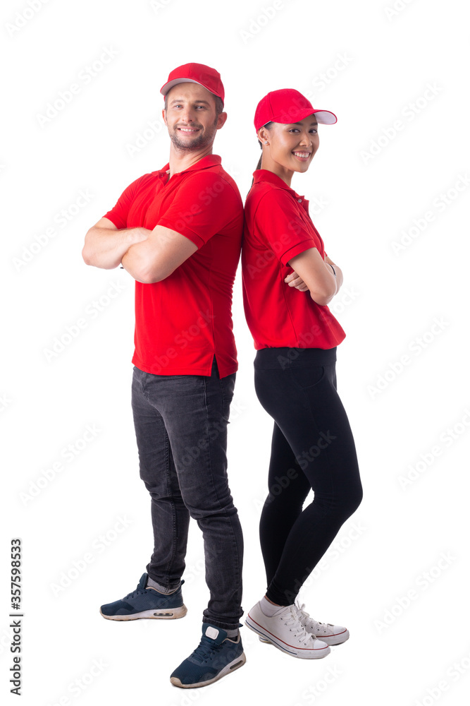 Two delivery people standing and posing Two delivery people standing and posing