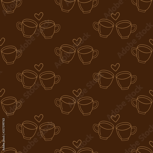 Two large mug of coffee or cocoa hand-drawn for lovers. Vector seamless doodle pattern on brown background. Design for textile, print.