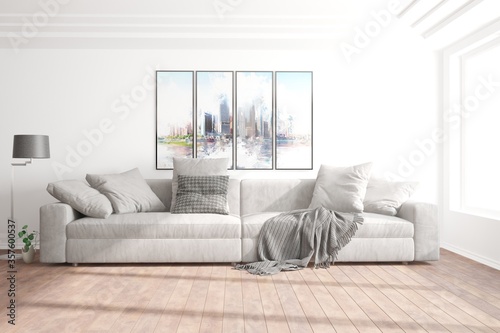 modern room with sofa,pillows,plaid,pictures,lamp and plants interior design. 3D illustration © ALIAKSANDR