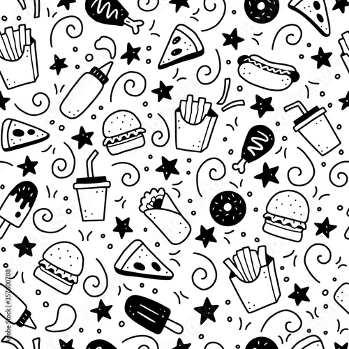 Hand drawn seamless pattern with fast food elements, burger, pizza, sandwich, hamburger, snack. Doodle sketch style. Fast food element for background, menu, wallpaper design. Vector illustration.