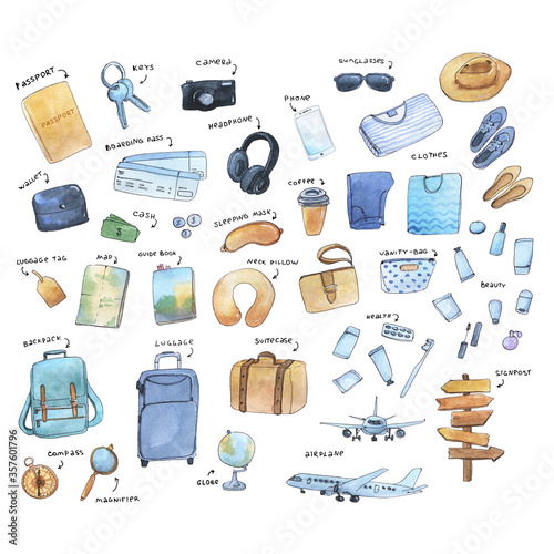 Watercolor collection of hand-drawn isolated sketches of travel elements with hand-written text on white background