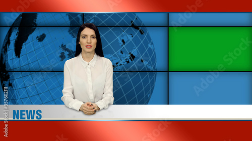 Konstfotografi Attractive female news presenter in broadcasting studio with green screen
