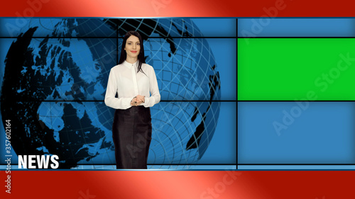 Konstfotografi Stylish female news presenter in white blouse and black skirt reporting in tv st