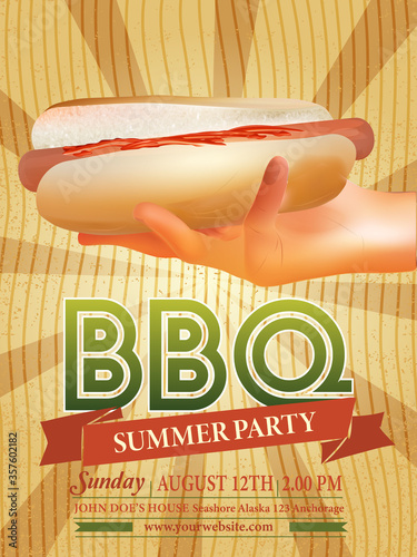 BBQ party invitation template on yellow pattern with grunge. Summer Barbecue weekend flyer. American hot dog sandwich. Realistic style hand. Vector EPS 10 for celebration, invitation, cards, party.