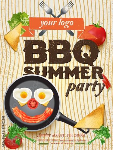 BBQ grill meat party invitation with pan, food realistic elements on grunge yellow background. Barbecue poster. Food flyer. Vector design for invitation, greeting card, family summertime.