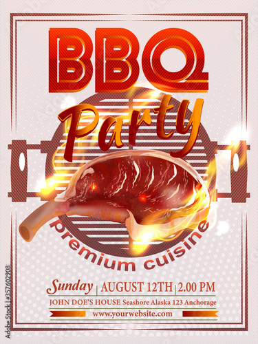 Isolated Steak realistic Vintage Vector Emblem, Label or Logo Template. Meat with a grill, realistic fire Effect. Barbecue poster. Food flyer. For invitations, greeting cards, family summertime.