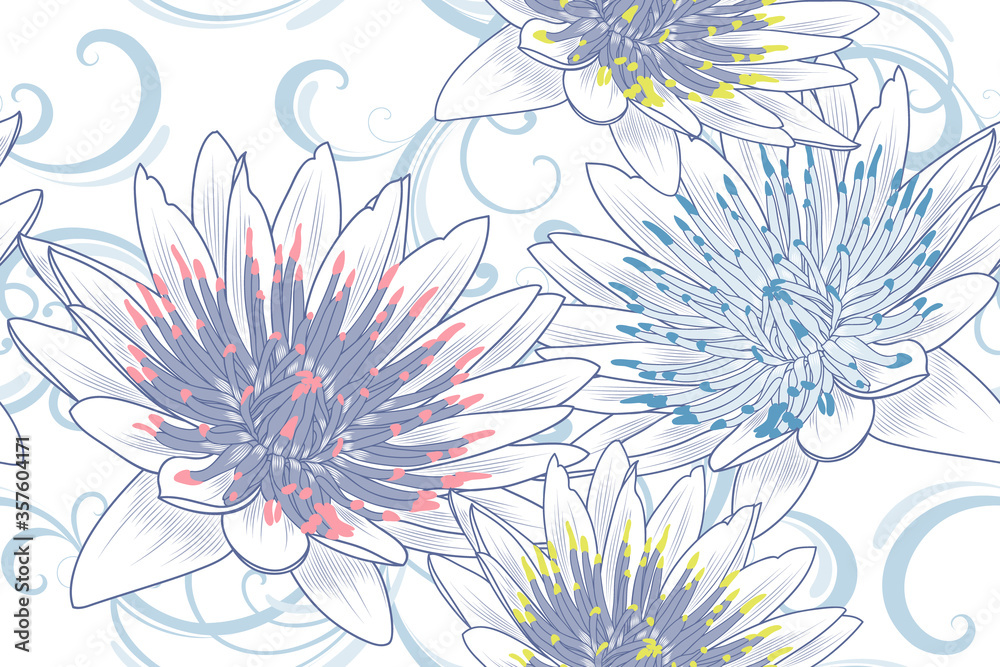 Seamless pattern with lotos flowers. - obrazy, fototapety, plakaty 
