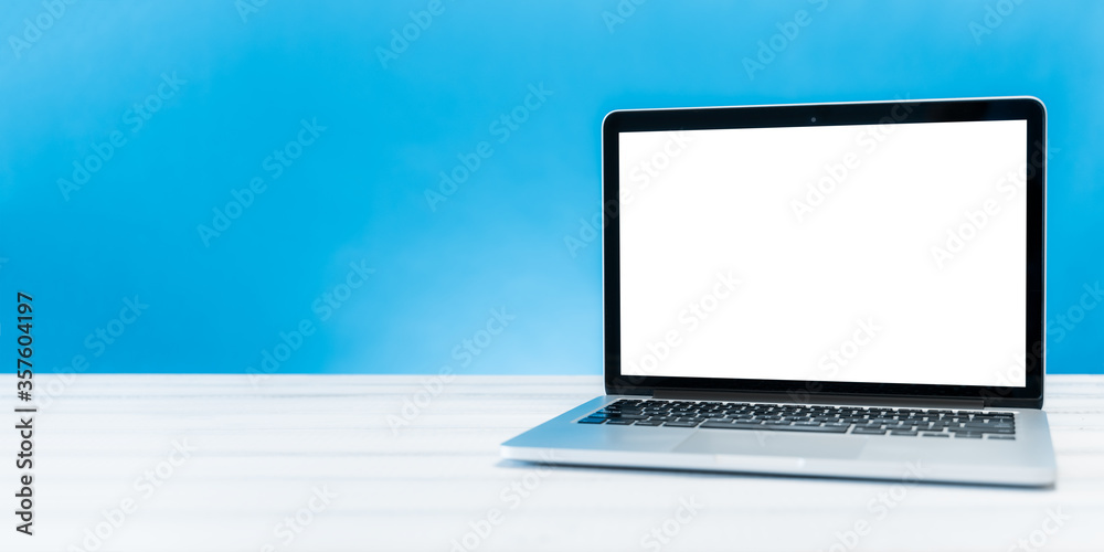 laptop mockup, home and office workspace concept. Laptop computer white blank screen on work table front view. Copy space laptop mockup, home and office workspace concept. Laptop computer white blank screen on work table front view. Copy space