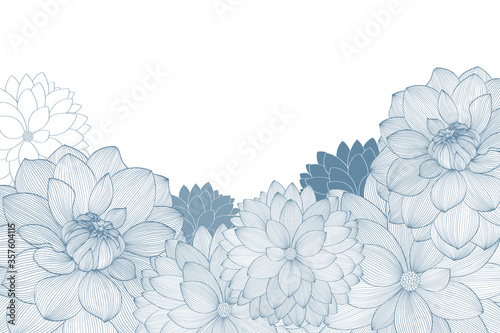 Floral background with blue dahlia flowers. Vector elements for wallpaper, wall decor, creativity, cards, invitations.